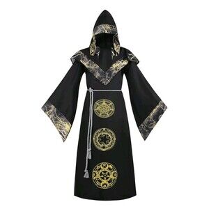 Mens Halloween Costume Hooded Sorcerer Robe Medieval Renaissance Wizard XXL